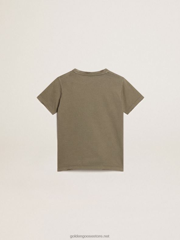 poiste oliiviroheline T-särk, mille keskel on trükitud valge logoGolden Goose B6B0T892