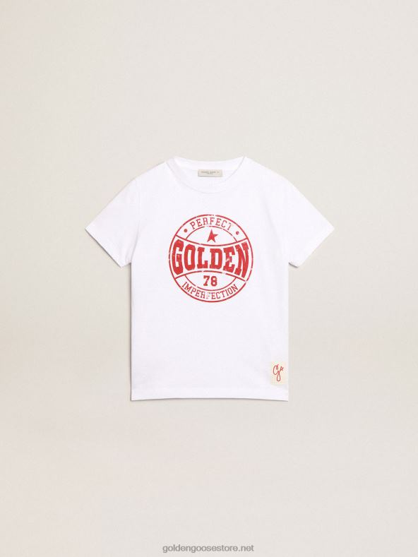 poiste valge T-särk, mille keskel on trükitud punane logoGolden Goose B6B0T902