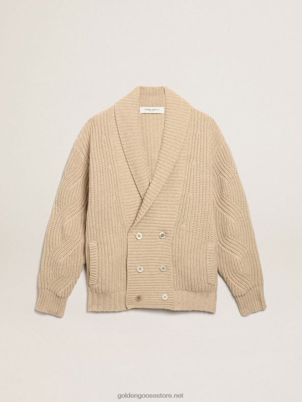 mehed kaherealine rännukollektsiooni kardigan beežist soonikust villast, toon-toonis nahast plaastritegaGolden Goose B6B0T715