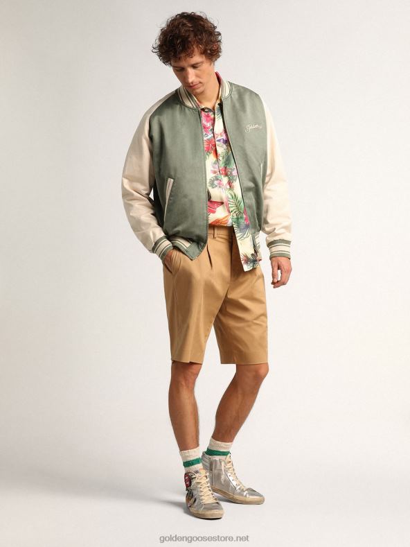 mehed militaarroheline ja valge travel kollektsiooni eric bomber jope, millel on elatud efekt ja kontrastsed tikandidGolden Goose B6B0T720