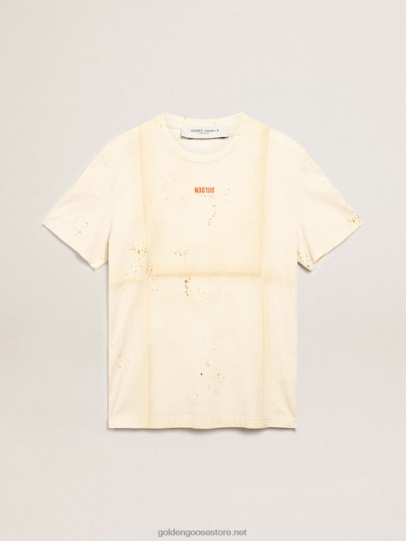 mehed kondine valge rännakukollektsiooni t-särk volditud rõivaefektiga kuldse kirja ja roostevärvi pihustiga B6B0T728