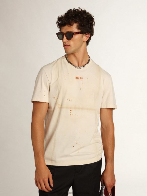 mehed kondine valge rännakukollektsiooni t-särk volditud rõivaefektiga kuldse kirja ja roostevärvi pihustiga B6B0T728