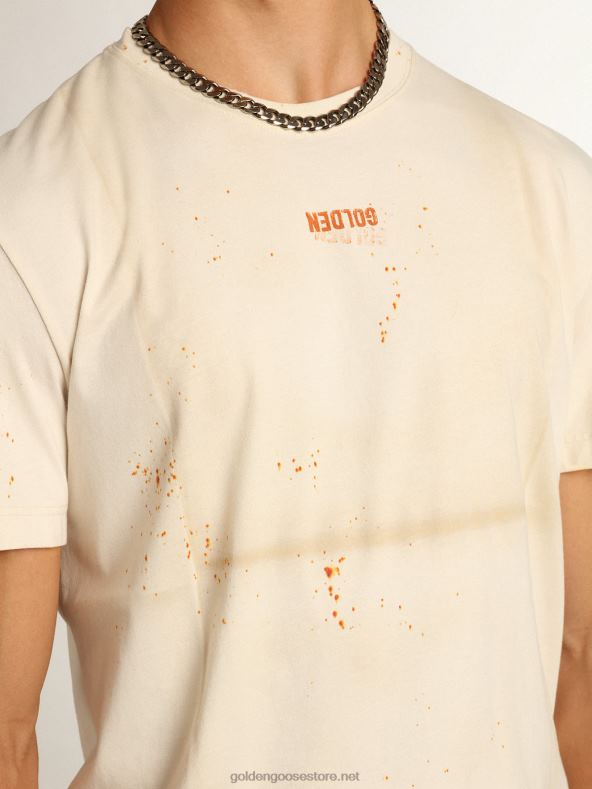 mehed kondine valge rännakukollektsiooni t-särk volditud rõivaefektiga kuldse kirja ja roostevärvi pihustiga B6B0T728