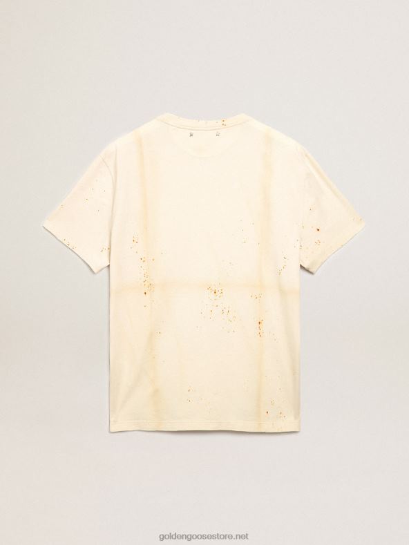 mehed kondine valge rännakukollektsiooni t-särk volditud rõivaefektiga kuldse kirja ja roostevärvi pihustiga B6B0T728