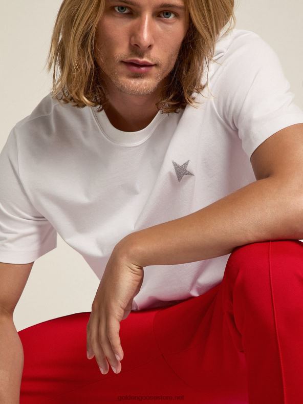 mehed valge star kollektsiooni t-särk, mille esiküljel on hõbedase sädelusega tähtGolden Goose B6B0T706