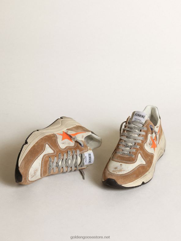 mehed jooksva tallaga ltd tossud läikivast valgest nahast ja tubakavärvi seemisnahast fluorestseeruva oranži nahast tähegaGolden Goose B6B0T678