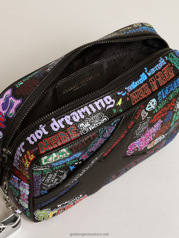 naised Mustast vasarnahast tähtkott musta nahast tähe ja üleni mitmevärvilise trükigaGolden Goose B6B0T448