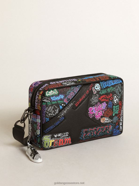 naised Mustast vasarnahast tähtkott musta nahast tähe ja üleni mitmevärvilise trükigaGolden Goose B6B0T448