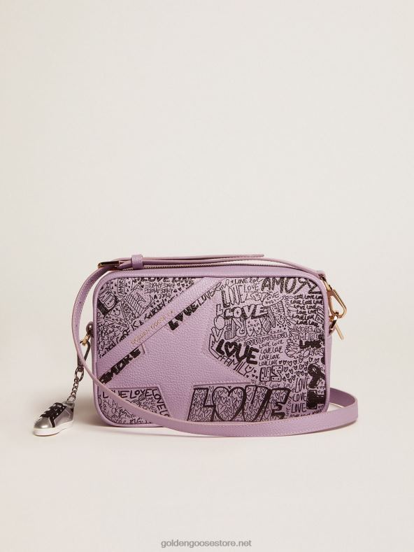 naised lilla vasardatud nahast tähekott, millel on toon-toonis nahktähe ja must üleni graffititrükkGolden Goose B6B0T464