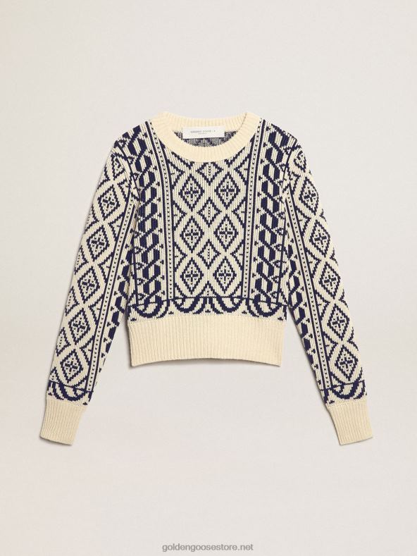 naised kärbitud ümarkaelusega pärgamendi ja sinise geomeetrilise mustriga kampsunGolden Goose B6B0T962