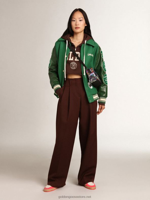 naised pähklipruun travel kollektsiooni kapuutsiga kärbitud dressipluus kontrastse valge kuldse kirjaga B6B0T989