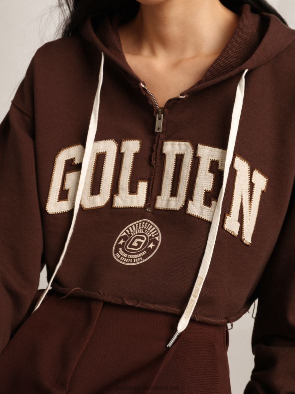 naised pähklipruun travel kollektsiooni kapuutsiga kärbitud dressipluus kontrastse valge kuldse kirjaga B6B0T989