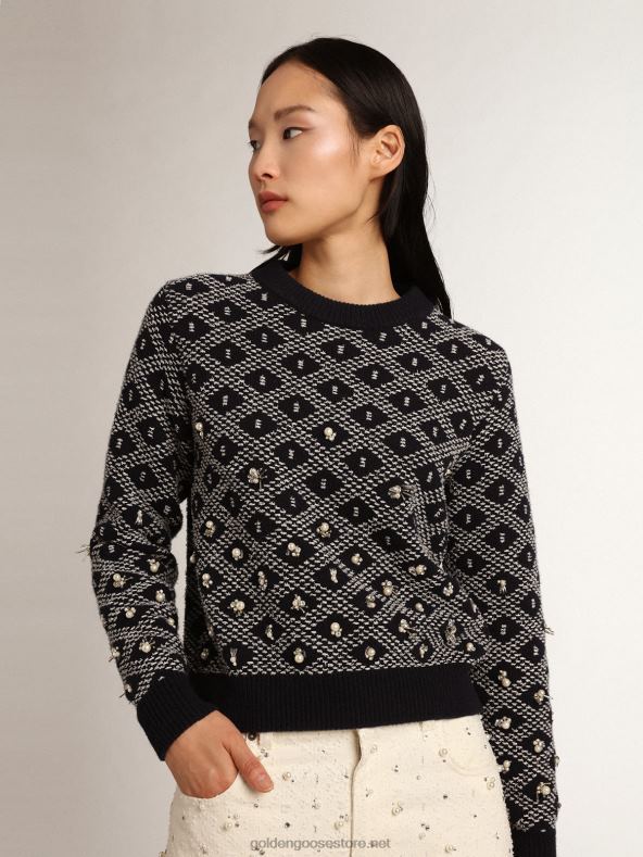 naised travel collection ümarkaelusega kampsun sini-valge geomeetrilise mustriga ja helmestegaGolden Goose B6B0T1001