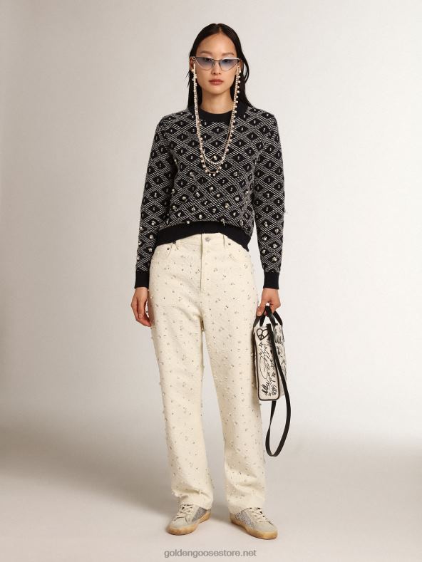 naised travel collection ümarkaelusega kampsun sini-valge geomeetrilise mustriga ja helmestegaGolden Goose B6B0T1001