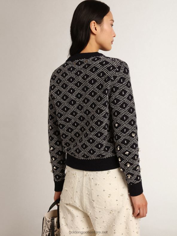 naised travel collection ümarkaelusega kampsun sini-valge geomeetrilise mustriga ja helmestegaGolden Goose B6B0T1001