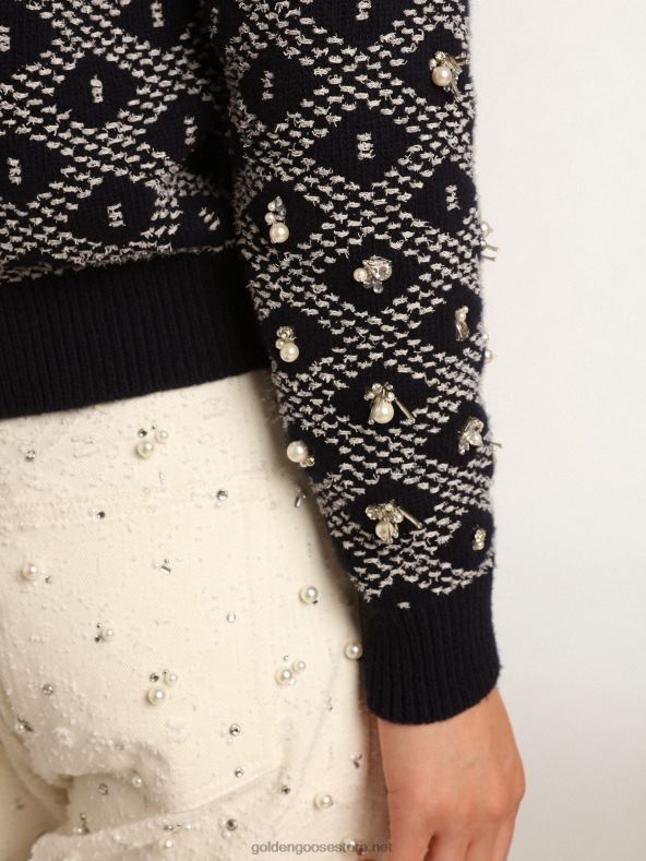 naised travel collection ümarkaelusega kampsun sini-valge geomeetrilise mustriga ja helmestegaGolden Goose B6B0T1001