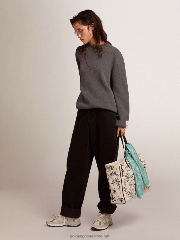 naised tumehallist puuvillast ümarkaelusega kampsun, mille tagaküljel on logoGolden Goose B6B0T930