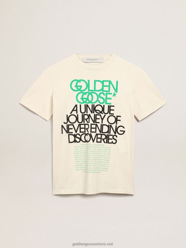 naised luu-valge rännukollektsiooni t-särk, mille esiküljel on must ja erkroheline kiriGolden Goose B6B0T993