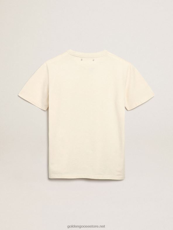 naised luu-valge rännukollektsiooni t-särk, mille esiküljel on must ja erkroheline kiriGolden Goose B6B0T993