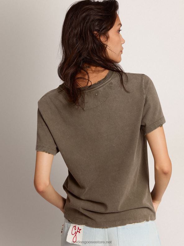 naised oliiviroheline tavalise istumisega t-särk, mille esiküljel on kuldne kiri B6B0T1051