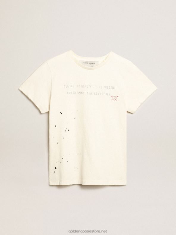 naised valge T-särk kirja ja tikandigaGolden Goose B6B0T1050
