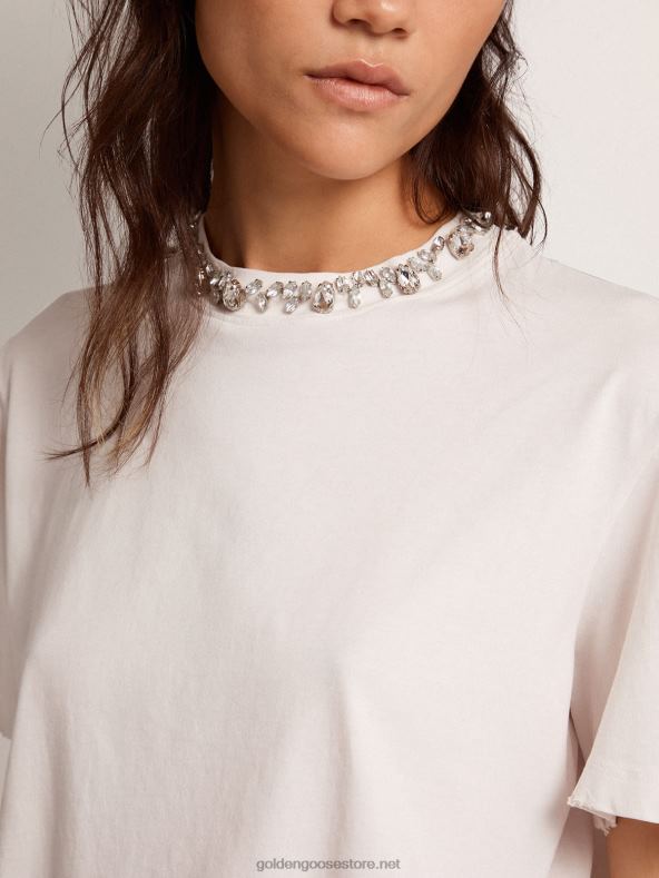 naised valge kollektsiooni t-särk kabošoni kristallidegaGolden Goose B6B0T1059