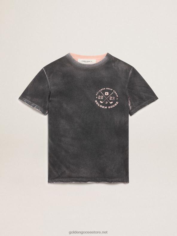 naised vananenud välimusega hall rännukollektsiooni T-särk kontrastse kahvaturoosa trükiga ees ja käsitsi kantavatel aladelGolden Goose B6B0T976