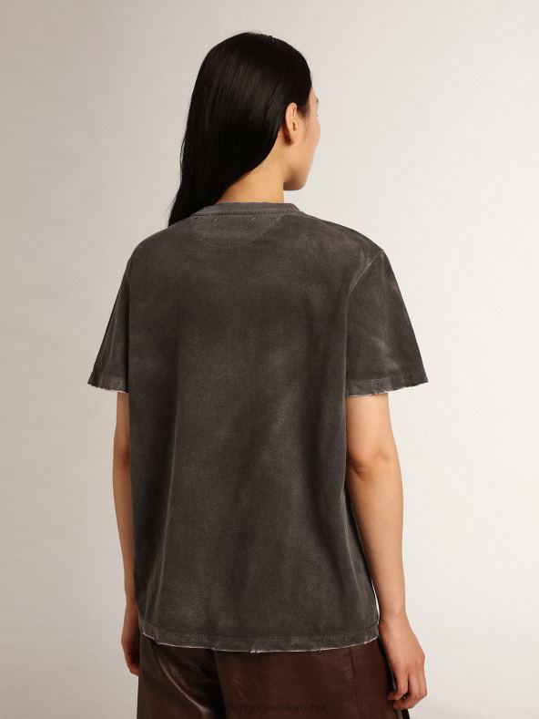 naised vananenud välimusega hall rännukollektsiooni T-särk kontrastse kahvaturoosa trükiga ees ja käsitsi kantavatel aladelGolden Goose B6B0T976