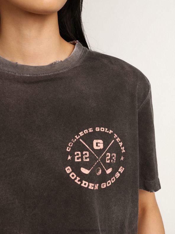 naised vananenud välimusega hall rännukollektsiooni T-särk kontrastse kahvaturoosa trükiga ees ja käsitsi kantavatel aladelGolden Goose B6B0T976