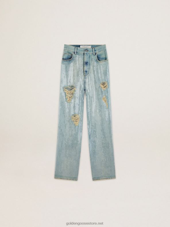 naised matkakollektsiooni teksased, mis on helesinisest helesinisest teksapüksist, millel on üleni litridGolden Goose B6B0T1017