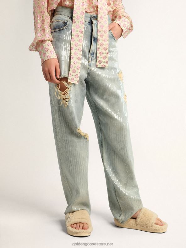 naised matkakollektsiooni teksased, mis on helesinisest helesinisest teksapüksist, millel on üleni litridGolden Goose B6B0T1017