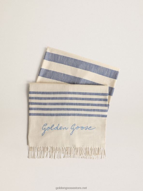 naised resort kollektsiooni puuvillane rannarätik siniste triipude ja narmastegaGolden Goose B6B0T302