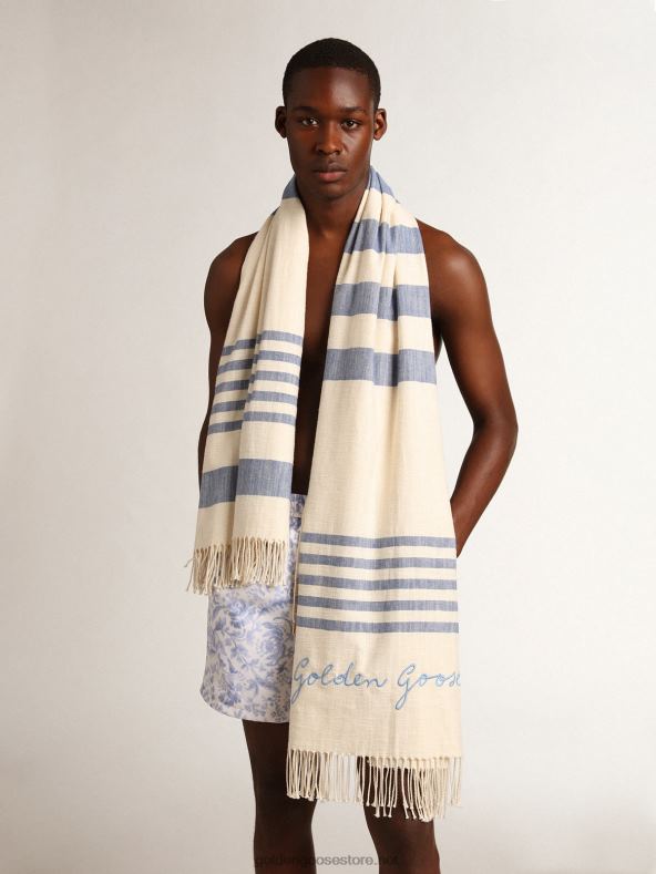 naised resort kollektsiooni puuvillane rannarätik siniste triipude ja narmastegaGolden Goose B6B0T302