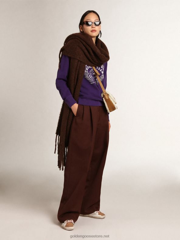 naised kohvivärvi villane sall narmaste ja toon-toonis 'kuldse' kirjaga B6B0T299