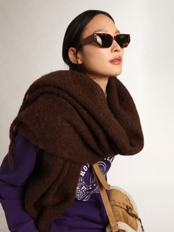 naised kohvivärvi villane sall narmaste ja toon-toonis 'kuldse' kirjaga B6B0T299