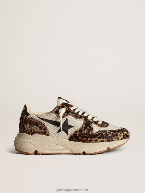 naised jooksutalla tossud kreemjavärvilisest võrgust, leopardimustrilise poni nahatükkide ja musta nahast tähegaGolden Goose B6B0T47