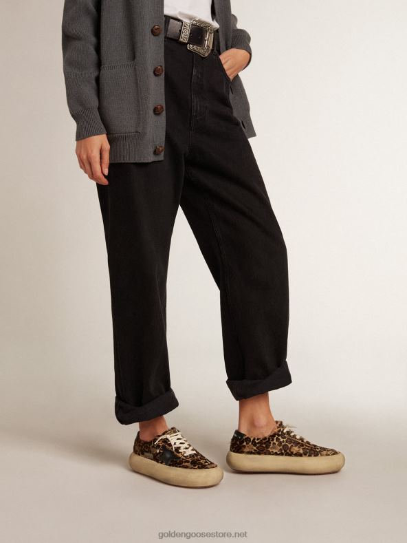 naised Leopardimustrilise poni nahast kosmosetähe kingad, musta nahast tähe ja kontsagaGolden Goose B6B0T174