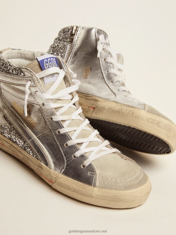naised lamineeritud nahast ja hõbedase säraga pealisega liugtossudGolden Goose B6B0T69