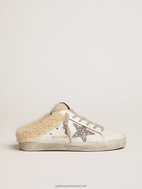 naised Hõbedase sädeleva tähe ja pügatud voodriga valgest nahast superstaarsabotidGolden Goose B6B0T117